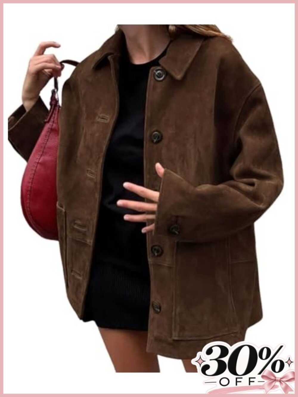 Faux Suede Leather Midi Shacket Button Down Boyfriend Coat